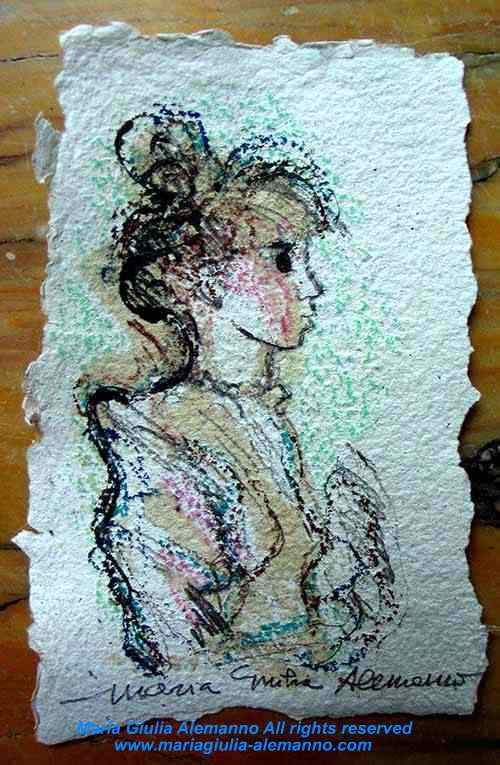 piccola-dama-di-carta2a PICCOLA DAMA DI CARTA su un minuscolo foglio del Taller del Papel Artesanal di L' Avana. Tecnica mista di Maria Giulia Alemanno. 2010