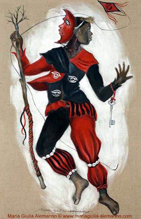 Maria Giulia Alemanno. ELEGGUÁ. tempera e acrlico su iuta cm 180 x 115 - 2004