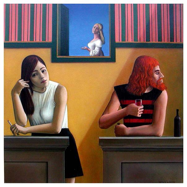 Sergio Albano: AL BAR olio su tavola cm 40 x 40