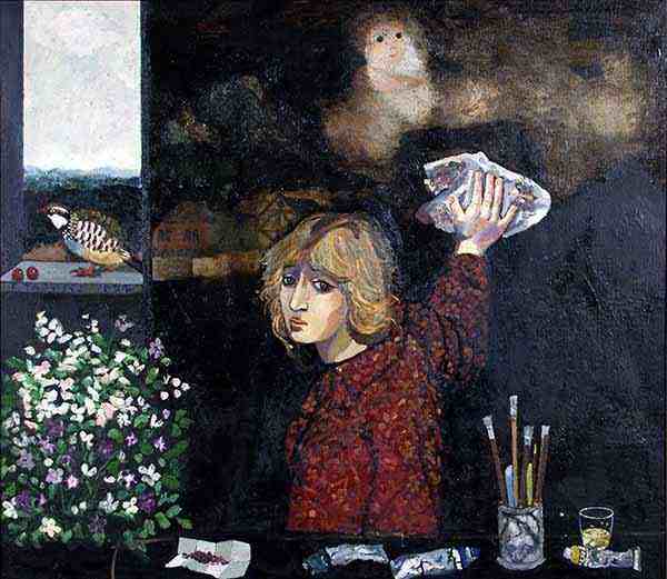 Francesco Tabusso: LABORATORIO DI RESTAURO, olio su tela cm 130 x 150 - 1977